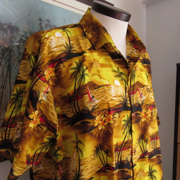 Vintage Hawaiian Shirt Men's XXL Button-Up Sunset Sailing Floral Palm Trees Nice - Picture 4 of 12